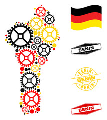 Service Benin map collage and seals. Vector collage is created with service icons in various sizes, and German flag official colors - red, yellow, black.