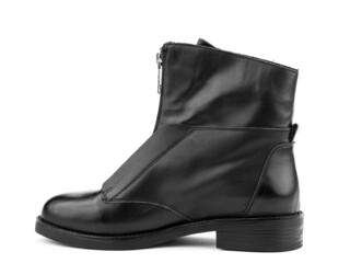 Women's autumn black leather jodhpur boots with zip and average heels, isolated white background. Left side view. Fashion shoes. Photoshoot for shoe shop concept.