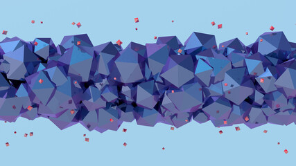 Purple and blue polyhedrons, red particles, blue background. Abstract illustration, 3d render.