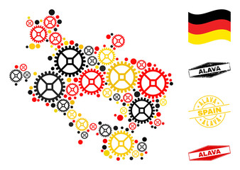Repair workshop Alava Province map mosaic and stamps. Vector collage composed with repair workshop items in variable sizes, and Germany flag official colors - red, yellow, black.