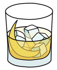 Rusty Nail classic IBA listed unforgettable cocktail in rocks glass. Whiskey and honey liquor based yellow drink garnished with lemon zest. Stylish hand-drawn doodle cartoon style vector illustration