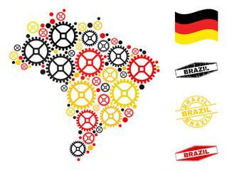 Repair workshop Brazil map collage and seals. Vector collage composed from workshop elements in various sizes, and German flag official colors - red, yellow, black.