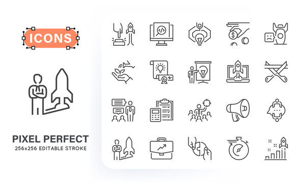 Set of start up related line icons. Contains such icons as idea, business plan, team, production, promotion, presentation and more. 256x256 pixel perfect. Editable stroke.