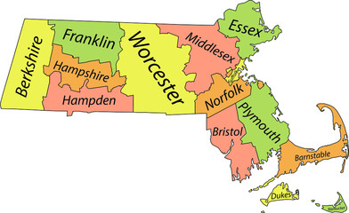 Pastel vector map of the Federal State of Massachusetts, USA with black borders and names of its counties
