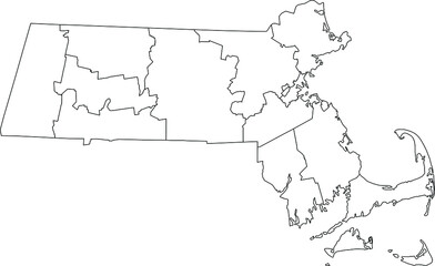 White blank vector map of the Federal State of Massachusetts, USA with black borders of its counties