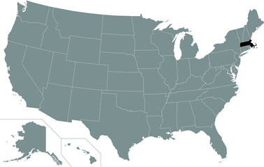 Fototapeta na wymiar Black highlighted location map of the US Federal State of Massachusetts inside gray map of the United States of America