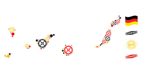 Service Canary Islands map composition and seals. Vector collage designed with mechanics icons in various sizes, and Germany flag official colors - red, yellow, black.