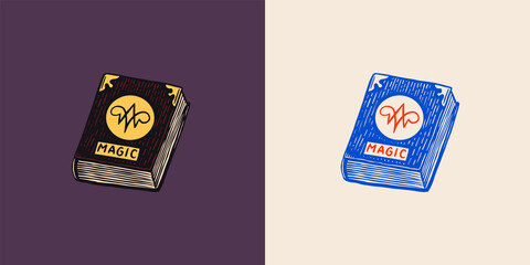 Obraz premium Witch spell book. Mystical alchemy recipes. Astrology symbol. Magic Boho illustration. Hand drawn engraved sketch for tattoo or t-shirt.