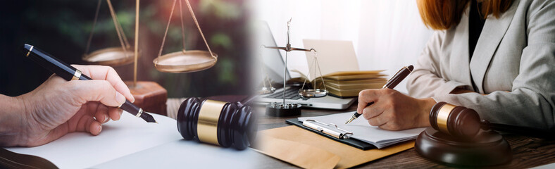 justice and law concept.Male judge in a courtroom on wooden table and Counselor or Male lawyer...