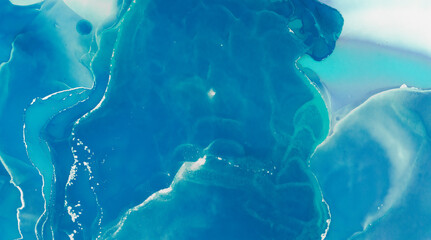 Turquoise Ocean Waves. Alcohol Ink on Paper. Hand