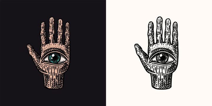 Mystical magic palmistry. Esoteric or alchemy occult sketch for tattoo. Fate in the palm of your hand. Hand Drawn Engraved illustration.