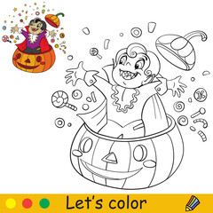 Coloring with template Halloween vampire jumps out of pumpkin