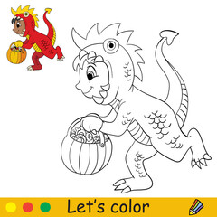 Coloring with template Halloween boy in dragon costume