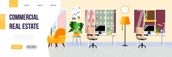 Office Space for Rent. Commercial Real Estate for Business. Office for Lease Horizontal Banner. Commercial Property for Business. Landing Page with Office Interior and Search Button.