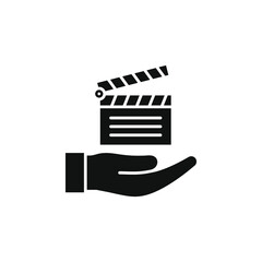 Clapperboard on hand. Movie or film icon flat style isolated on white background. Vector illustration