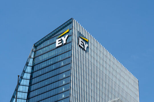 Toronto, Canada-August 25, 2021: EY Tower in downtown Toronto. Ernst and Young is a multinational accounting firms headquartered in London, England.