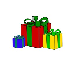 Color illustration of three boxes in red, blue and yellow with a bow on a white background