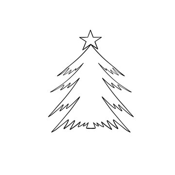 Simple sketch outline of a christmas tree, happy new year, black lines on a white background