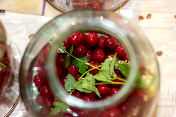 large glass jars with cherries and mint, blank for canned compote for canning for the winter