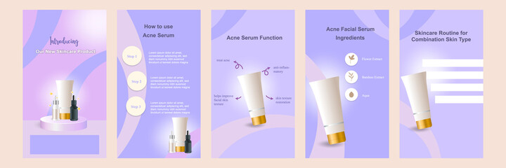 Minimal modern fashion and beauty social media story or stories banner collection kit in purple color. Including sale, product display platform pedestals, tips template design with bokeh background