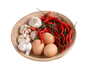 Ingredient for Thaifood in wooden basket on white background
