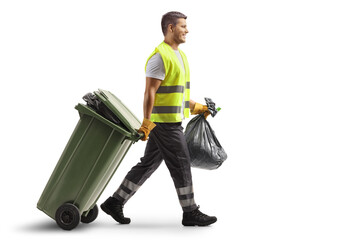 Bin man walking and pulling a green bin and carrying a plastic bag