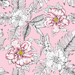 Seamless floral pattern Hibiscus and frangipani flowers abstract background.Vector illustration hand drawning.For fabric print design texture