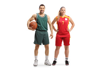 Male and female basketball players from opposite teams