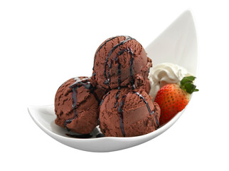 Chocolate ice cream in white bowl on white background