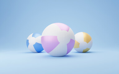 3d three beach ball illustration. minimal concept with copy space. Summer beige background with inflatable beach balls, minimal 3d illustration render