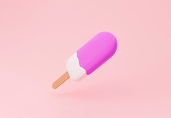 3d pink ice cream colorful popsicles melting on pastel pink backdrop. Creative idea of summer concept. Stock 3d rendering with copy space for text
