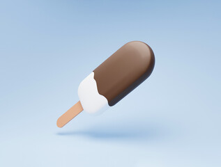 3d chocolate ice creame on stick. Creative idea of summer concept. Stock 3d rendering with copy space for text