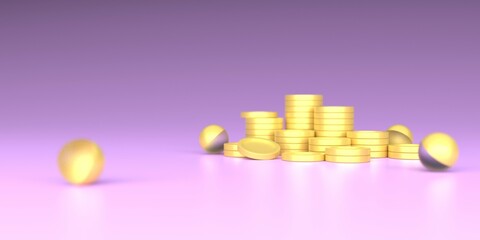 3D Gold Coins Stack on purple background, ideal for media as  web banner and mobile application icon. 