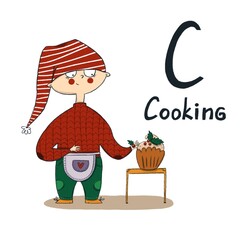 Cute Christmas alphabet. Letter C - Cooking. Alphabet series for children. Baby card.