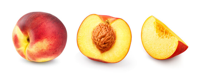 Fototapeta na wymiar Peach fruit with half and slice. Isolated on white background