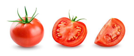Red Tomato with half and slice isolated on white background
