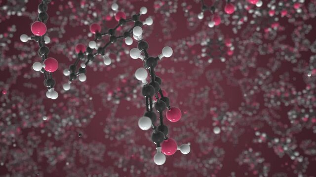 Dithranol molecule made with balls, conceptual molecular model. Chemical looping 3d animation