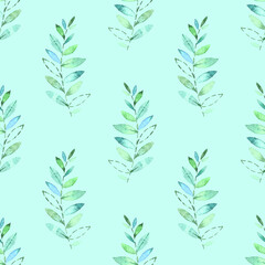 Seamless background with green leaf doodles, blue ice background. Luxury pattern for creating textiles, scrapbook, wallpaper, paper. Vintage. Romantic floral Illustration