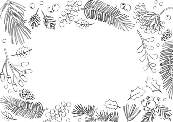 Vintage Christmas vector line border, winter background. Tree branches, fir and pine cones, mistletoe, plants, holly berry, tree leaves, outline holiday decoration. Nature