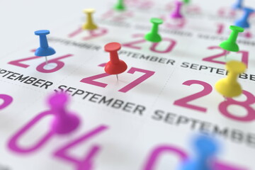 September 27 date and push pin on a calendar, 3D rendering