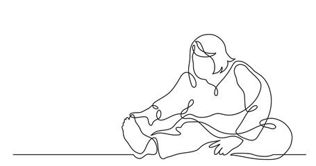 continuous line drawing of oversize woman doing stretch exercise confident with body positivity