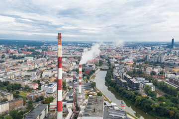 CHP chimneys over the city of Wroclaw, ecology in the city. Poland
