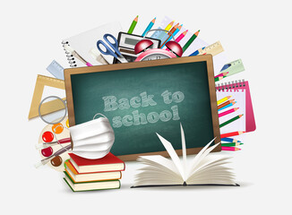 Back to school during with pandemic Coronavirus. Chalkboard with school supplies and medical mask. Vector