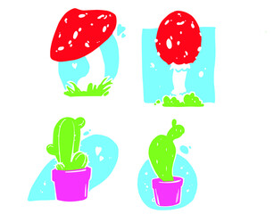 vector red mushrooms amanita. cacti in a pot. botanical illustration. abstract juicy images for stickers