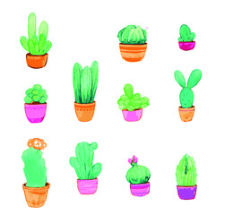 Vector Set of cute watercolor cactus. Bright image. hand-drawn. typography, textiles pillows, dresses, curtains, notepads, designer paper.