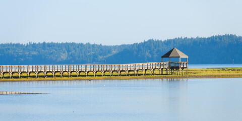 Viewing platform and boardwalk at Billy J Frank Nisqually National Wildlife Refuge near Olympia in...