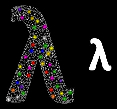 Bright mesh Lambda Greek lowercase letter constellation icon with light spots. Illuminated vector constellation is created from Lambda Greek lowercase letter picture.