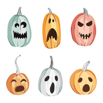 Halloween carved pumpkins vector illustrations. Jack-o'-lantern vector illustration, scary pumpkins