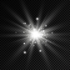 White glowing light star, burst sun rays.