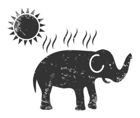 Elephant under sun heat icon with scratched effect. Isolated vector elephant under sun heat icon image with corroded rubber texture on a white background.